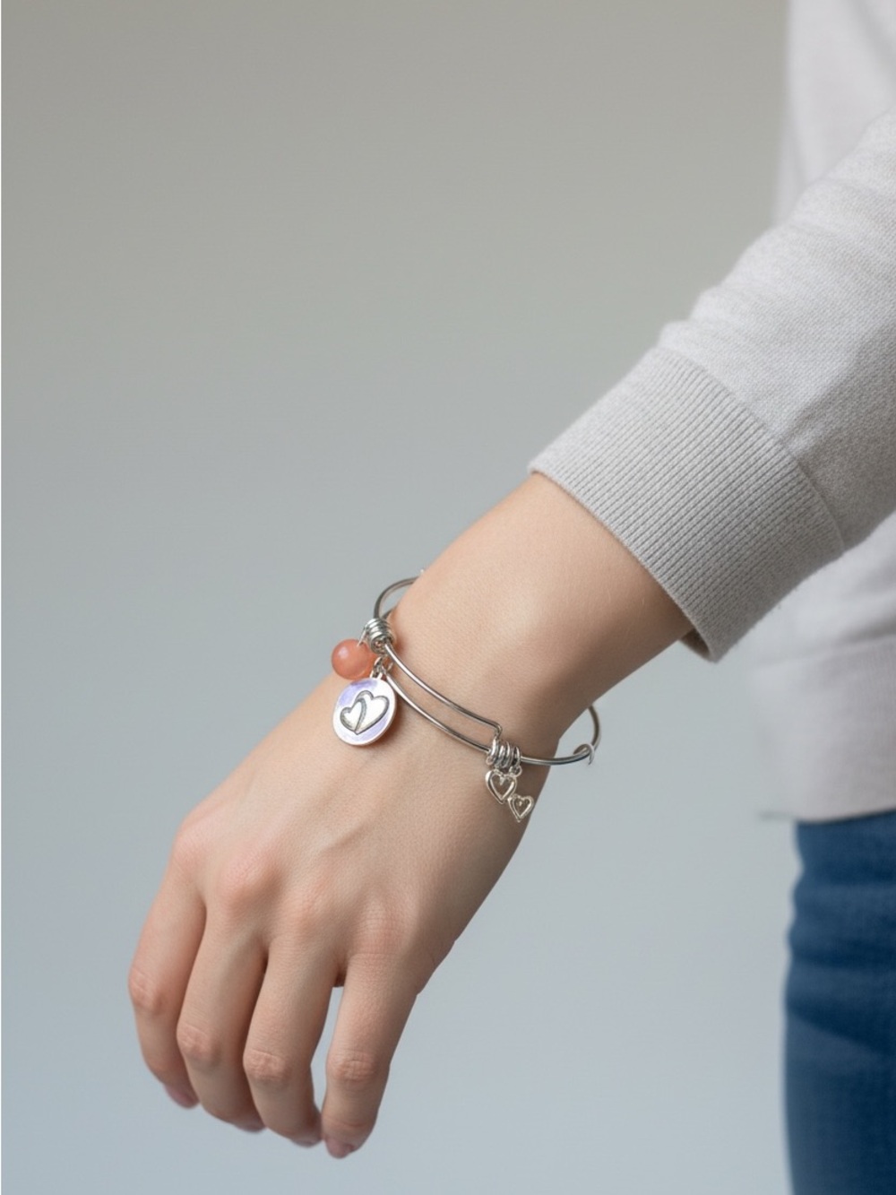 10/15 Silver Heart Charm Bangle Bracelet with Coral Bead